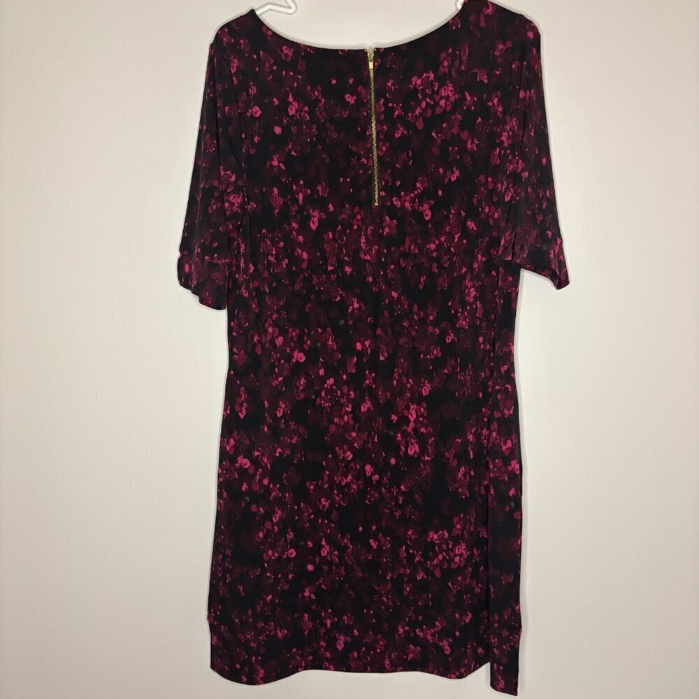 TAHARI Shift Dress Womens 12 Black Pink 1/2 sleeve Stretch Back Zip - Picture 3 of 5